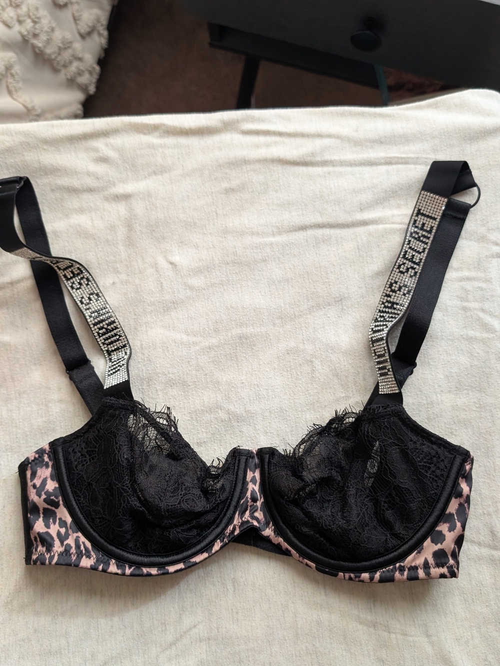 Victoria's Secret Black Lace And Leopard with Rhinestone Straps